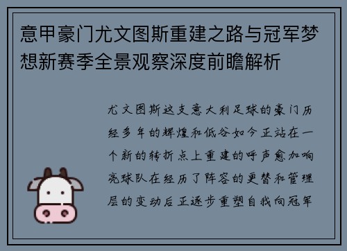 意甲豪门尤文图斯重建之路与冠军梦想新赛季全景观察深度前瞻解析